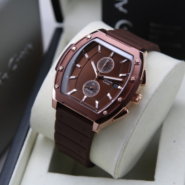 ✅Ori Jam Pria Alexandre Christie Ac 6628 Rosegold Brown Tali Karet Original Berkualitas