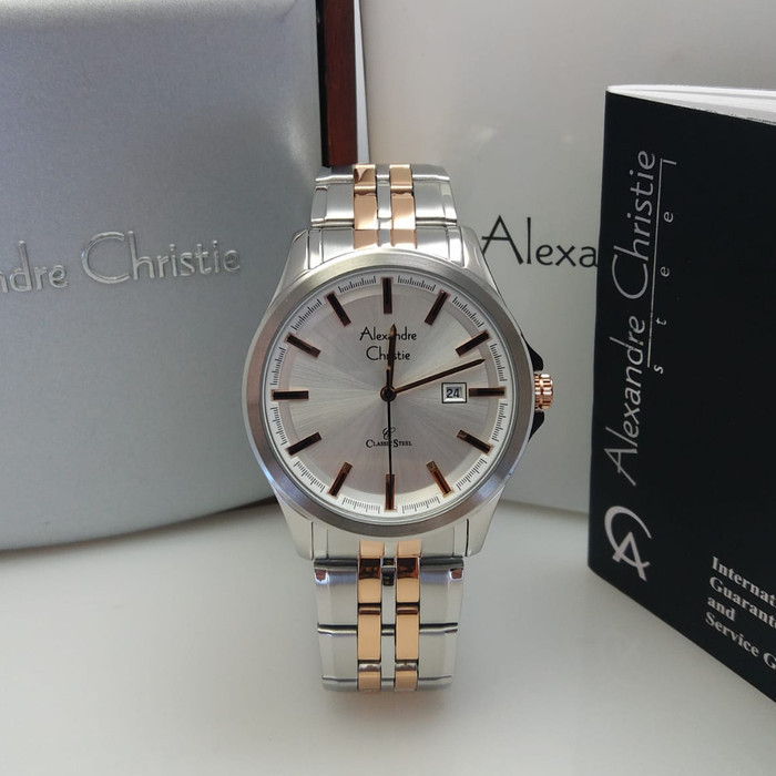 ✅Ori Jam Tangan Pria Alexandre Christie 8402 Silver Kombinasi Rosegold Diskon