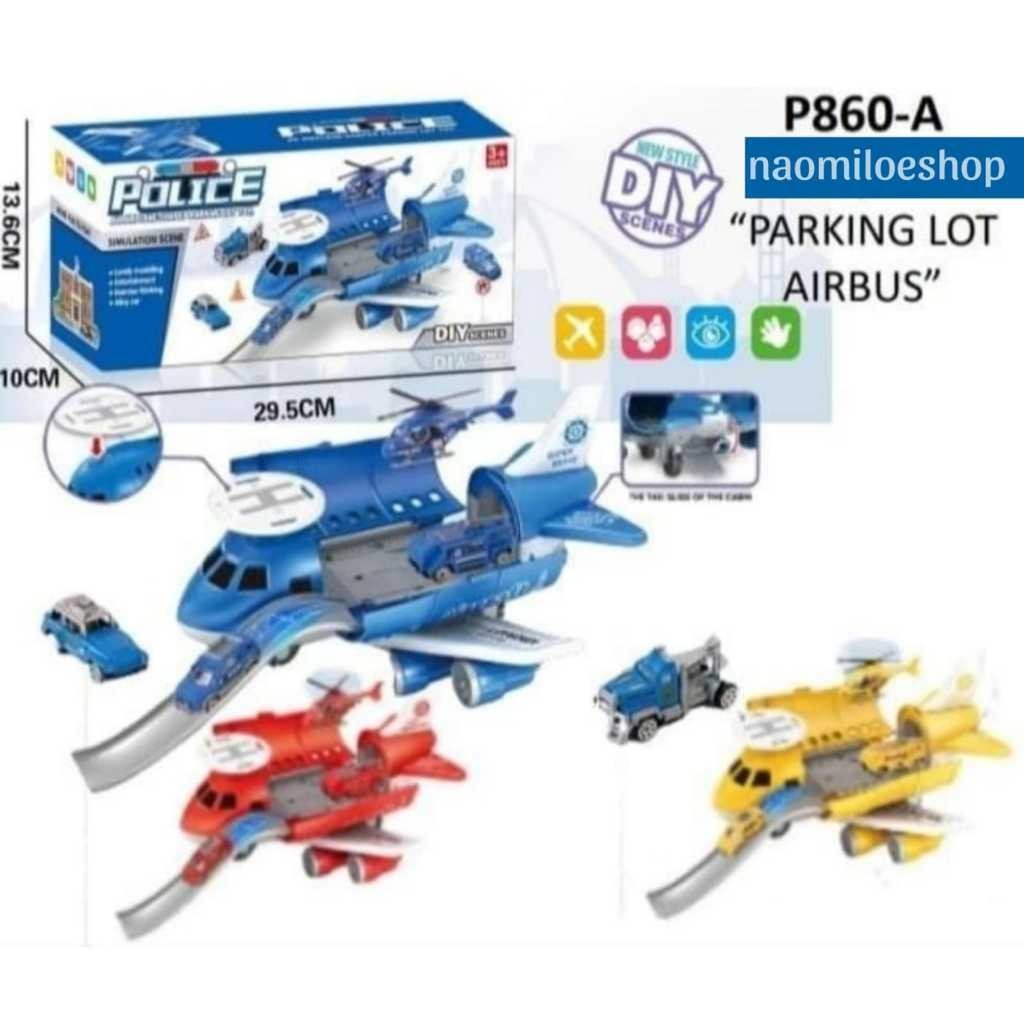 Airplane Police Storage Car Mainan Pesawat Polisi Diy Parking Lot Mobil Polisi