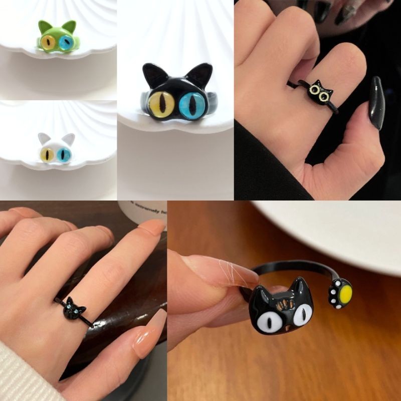 Neko Black Ring | Cincin Hitam Vintage, Cute Cat Kucing Lucu, Cincin Pria Wanita, Retro Aesthetic Ar