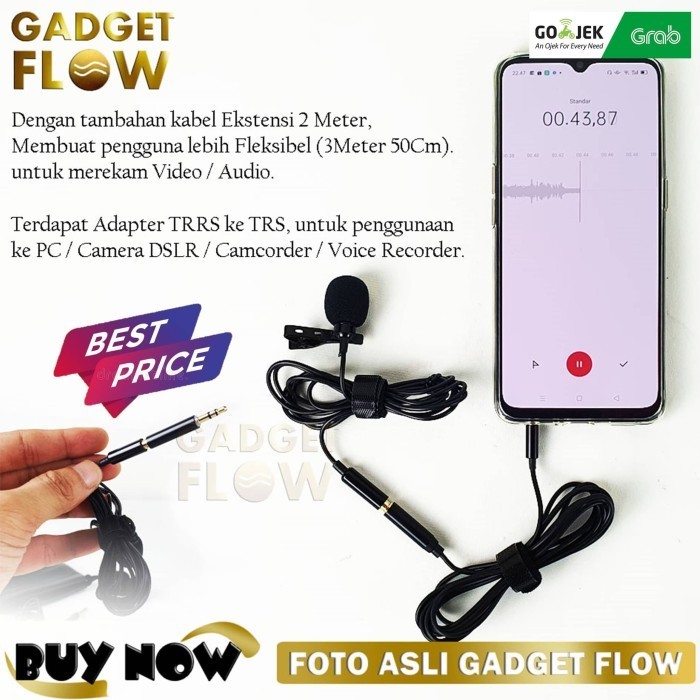 Terbaru Microphone Mic Clip On Lavalier Trrs Trs & Extension 2M Hp Dslr Pc Terbaik
