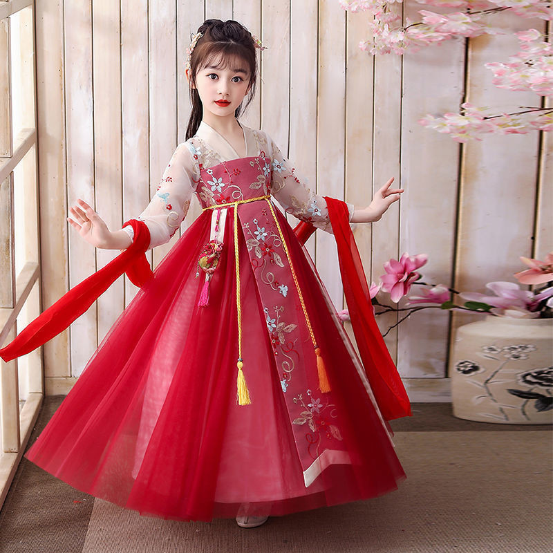 Baju Anak Perempuan Han Cina, Kostum Kuno Anak-anak, Jaket dan Gaun Tang Merah Super Peri Musim Pana