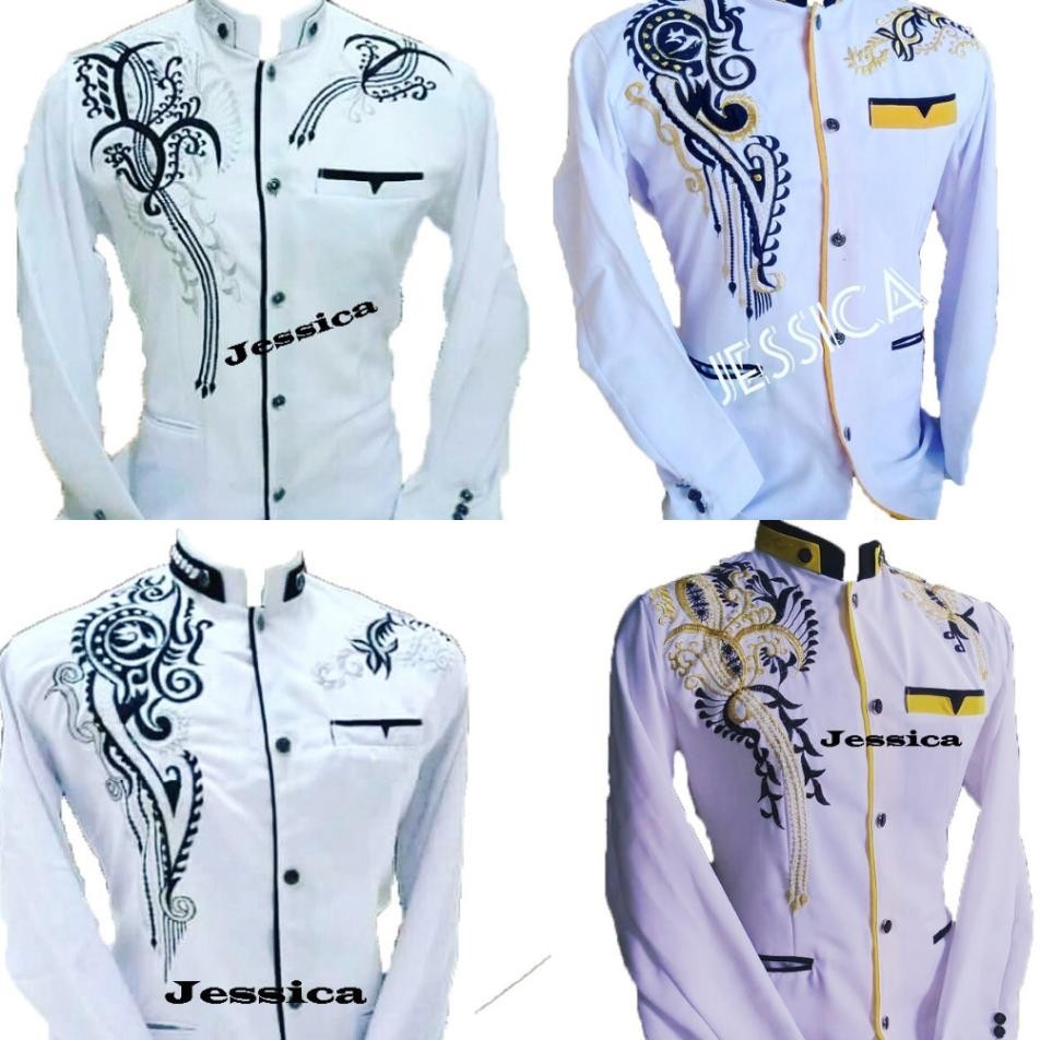 Baju Atasan Jasko Jas Koko Busana Muslim Pria Dewasa Motif Bordir Kekinian Warna Putih Lengan Panjan