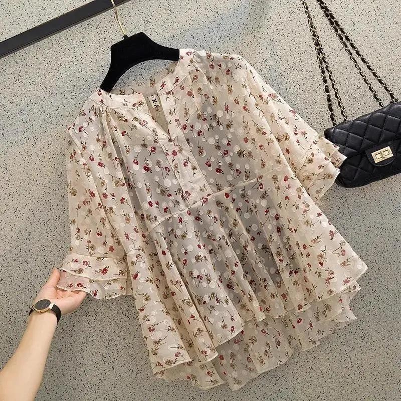 Blus Sifon Motif Bunga Wanita, Kemeja Lengan Pendek Gaya Korea