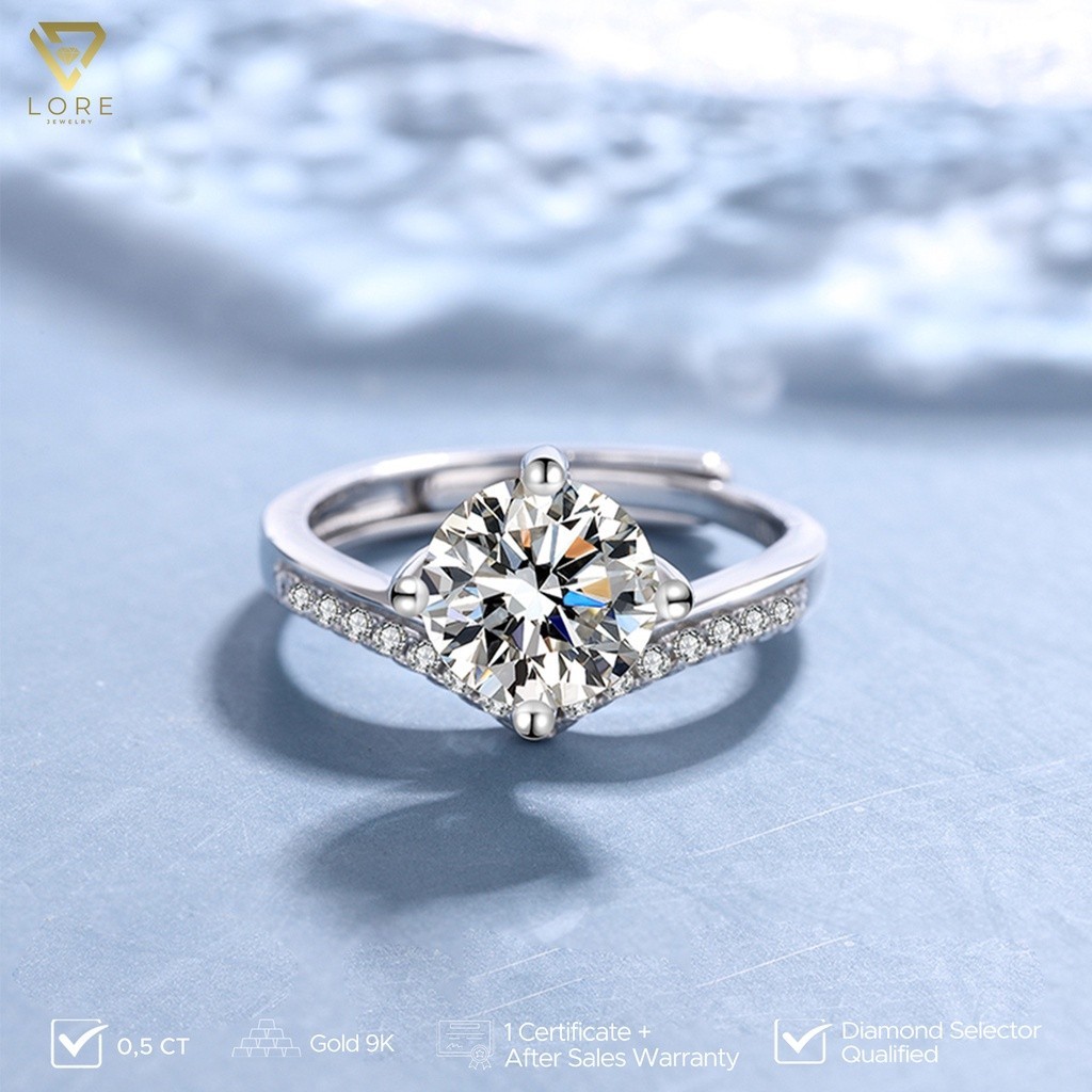 [FULL GOLD 9K] Lore Jewellery - Cincin Moissanite Emas Putih 9k - Bling Fuji Moissanite Ring 0.5/1.0