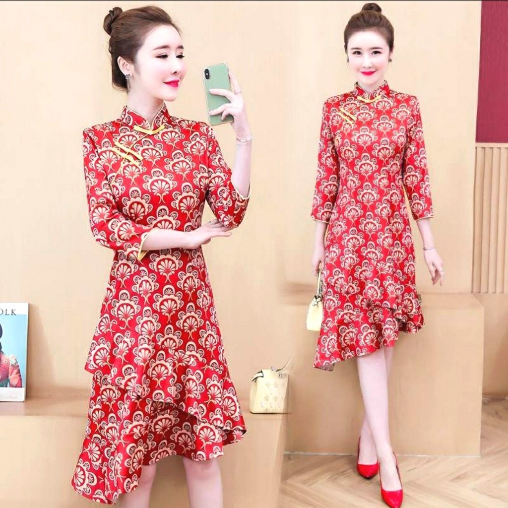 Dress Imlek Dewasa Wanita 2024 Perempuan Cina Ceongsam Couple Sexy Bordir Merah Midi Natal Pakaian C