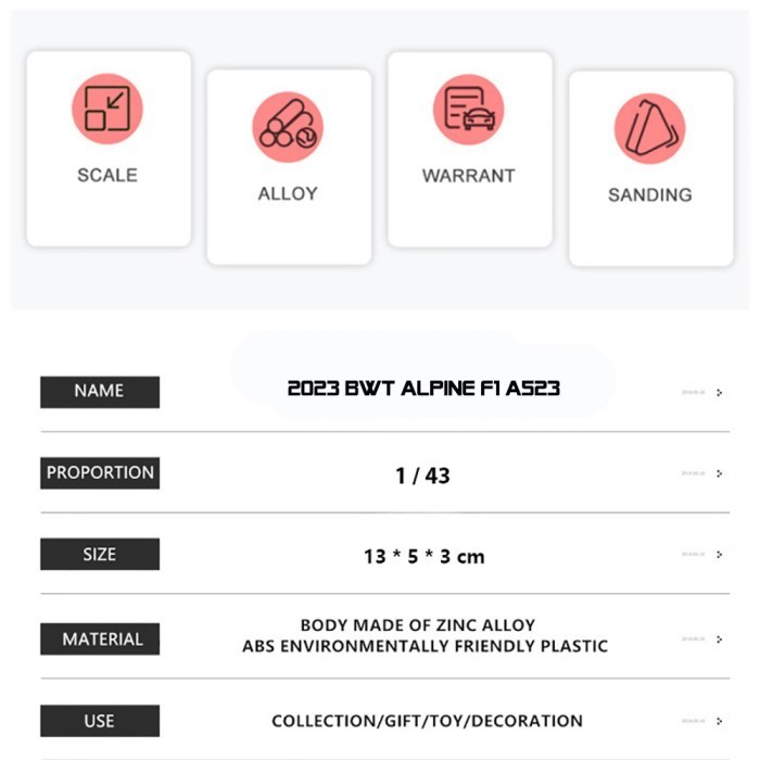 Diecast Mobil F1 Formula 1 Team Alpine A523 2023 Skala 1:43 Dus Box