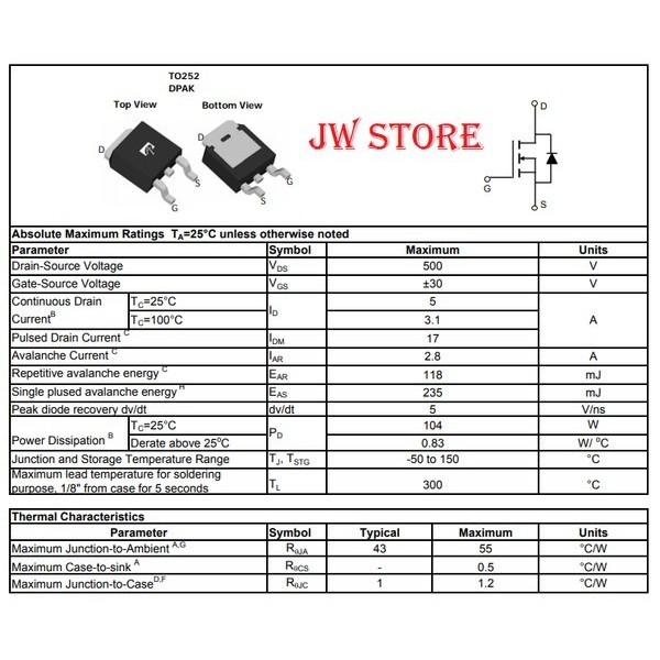 AOD5N50 AOD 5N50 D5N50 500V 5A N Channel MOSFET