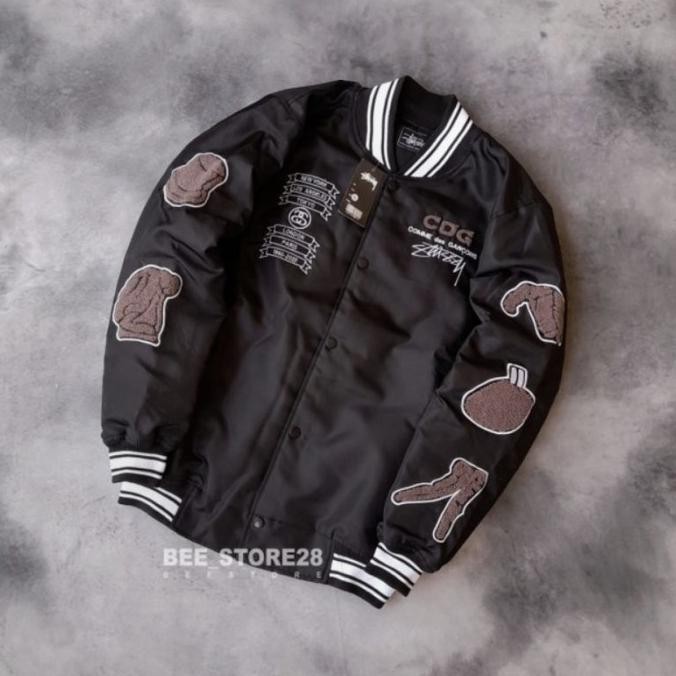 Jacket Varsity Cdg X Stussy Hitam Full Bordir . Xavionxa