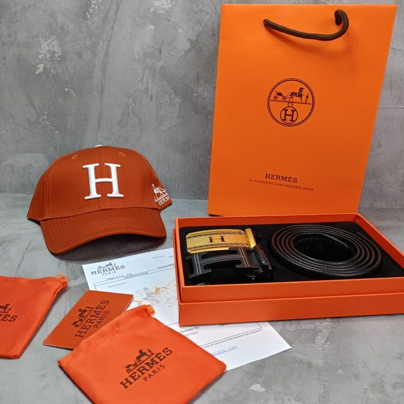 paket bundling topi baseball dan ikat pinggang set logo H fashion