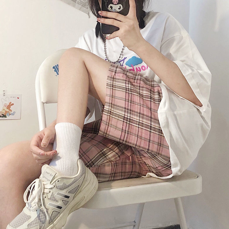 Celana Wanita Musim Panas Celana Pendek Kotak-kotak Celana Pendek Crop Longgar Celana Kasual