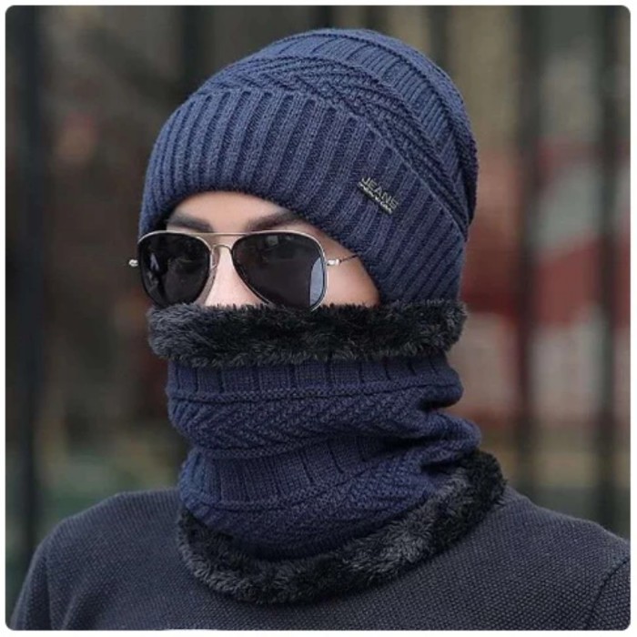 Topi Kupluk Syal Set Pria Wanita Kupluk Winter Thermal Hangat Salju