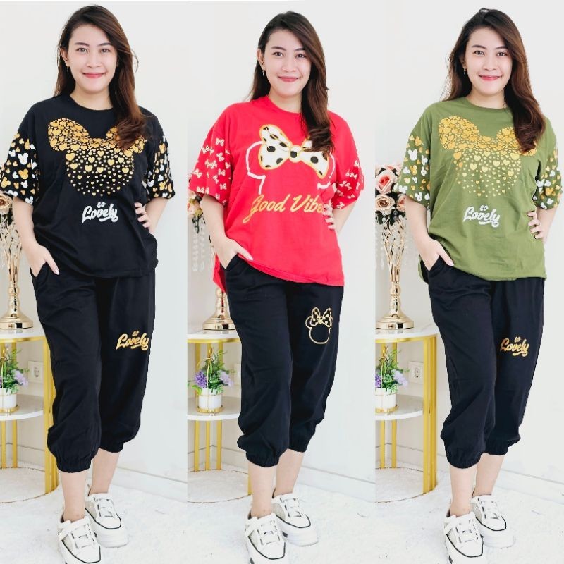 Luvluvshop Stelan One Set Celana Joger Saku Kanan Kiri Jumbo Motif Viral Kekinian D2515