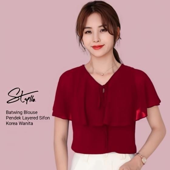Baju Blouse Blus Wanita Lengan Pendek Sifon Korea Double Layer - Merah