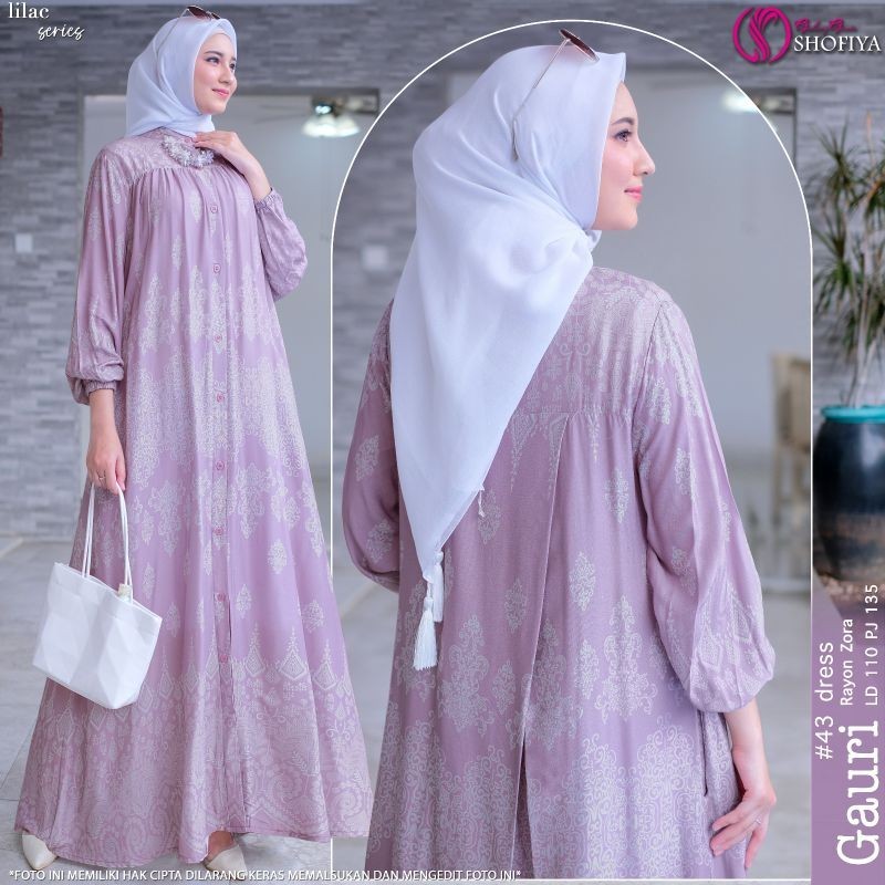 gamis gauri dress series polos motif garis bunga etnik bahan rayon dan polo linen tebal adem origina