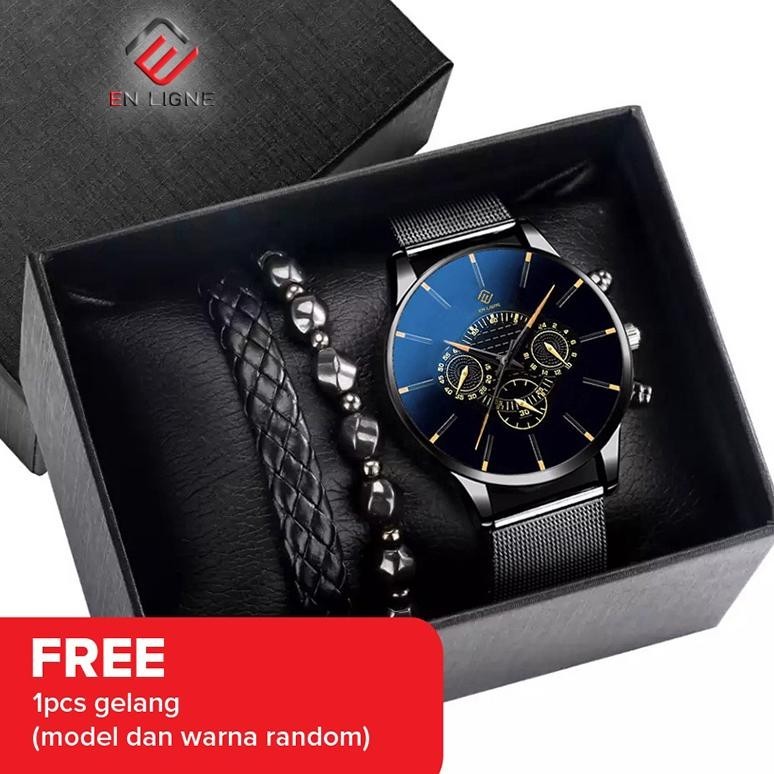 {JAM} Jam Tangan Pria Gelang Set - Jam Tangan Kado - Jam Tangan Pria Kasual - Jam Tangan Pria Anti A