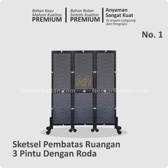 Sketsel Partisi Pembatas Penyekat Ruangan 3 Pintu Pakai Roda
