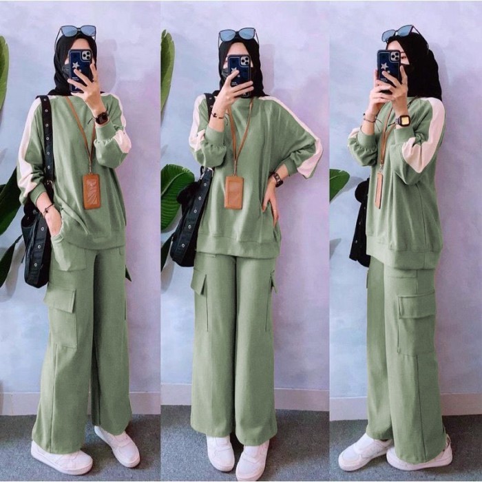 Set Cargo Setelan Celana Cargo List Tangan Oneset Baju Olahraga Wanita