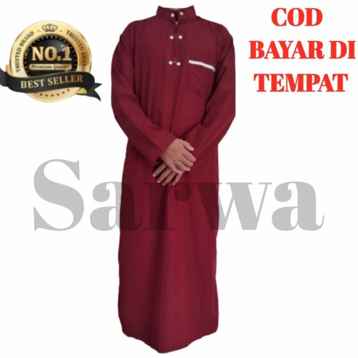 CODjubah gamis pria - Merah, Mal haramain hitam jumbo slimfit lengan pendek jubah pria dewasa premiu