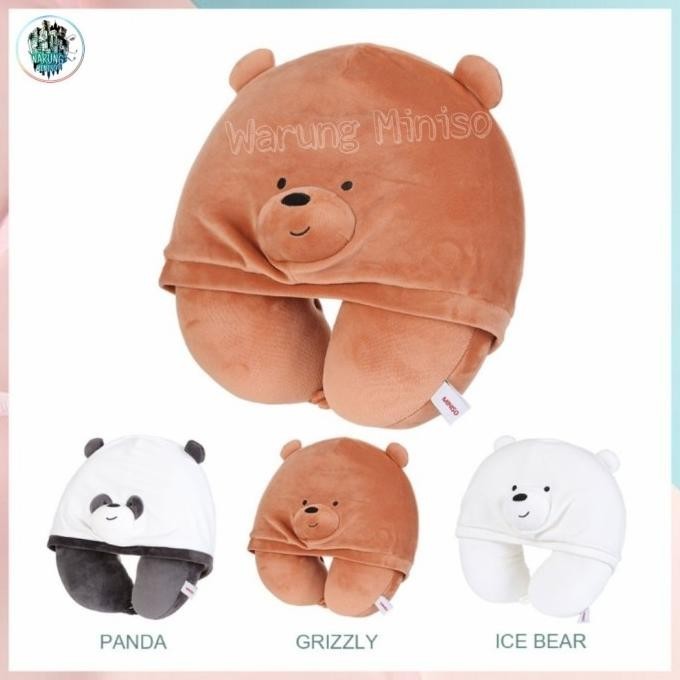 Miniso We Bare Bears U Shaped Pillow With Hoodie Bantal Leher Lucu