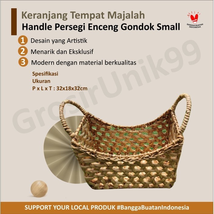 

Keranjang Tempat Majalah Handle Persegi Enceng Gondok Small 32x18x32cm