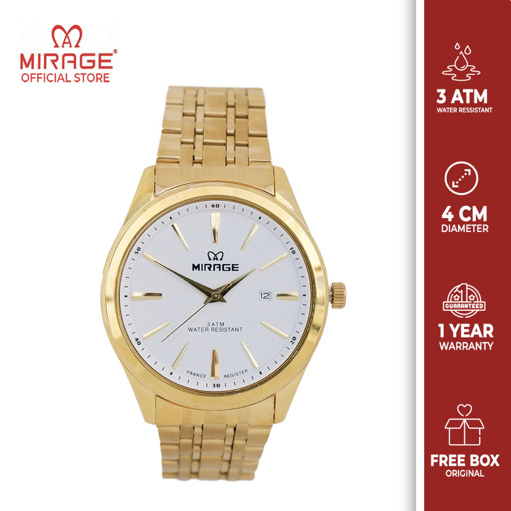 Jam Tangan Analog Pria Mirage Original Gold Mewah Formal 8779 M Tanggal Aktif Anti Karat Mirage Watc
