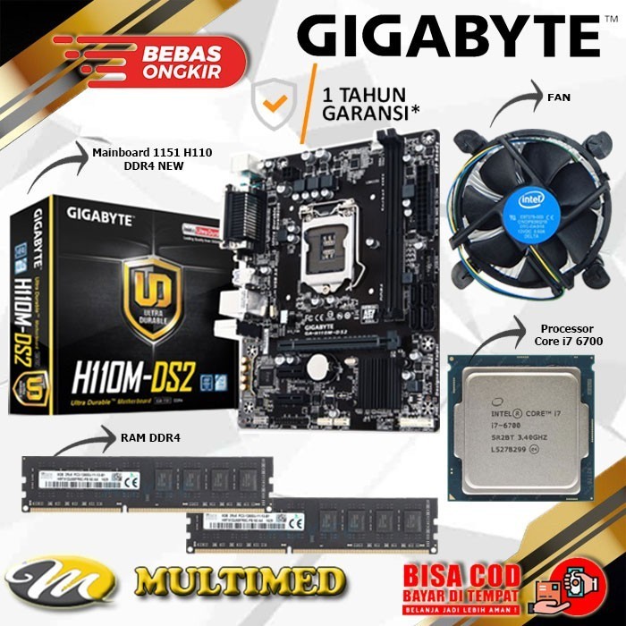 New Mainboard Lga 1151 H110 Ddr4 + Core I7 6700 + Fan + Ram Garansi
