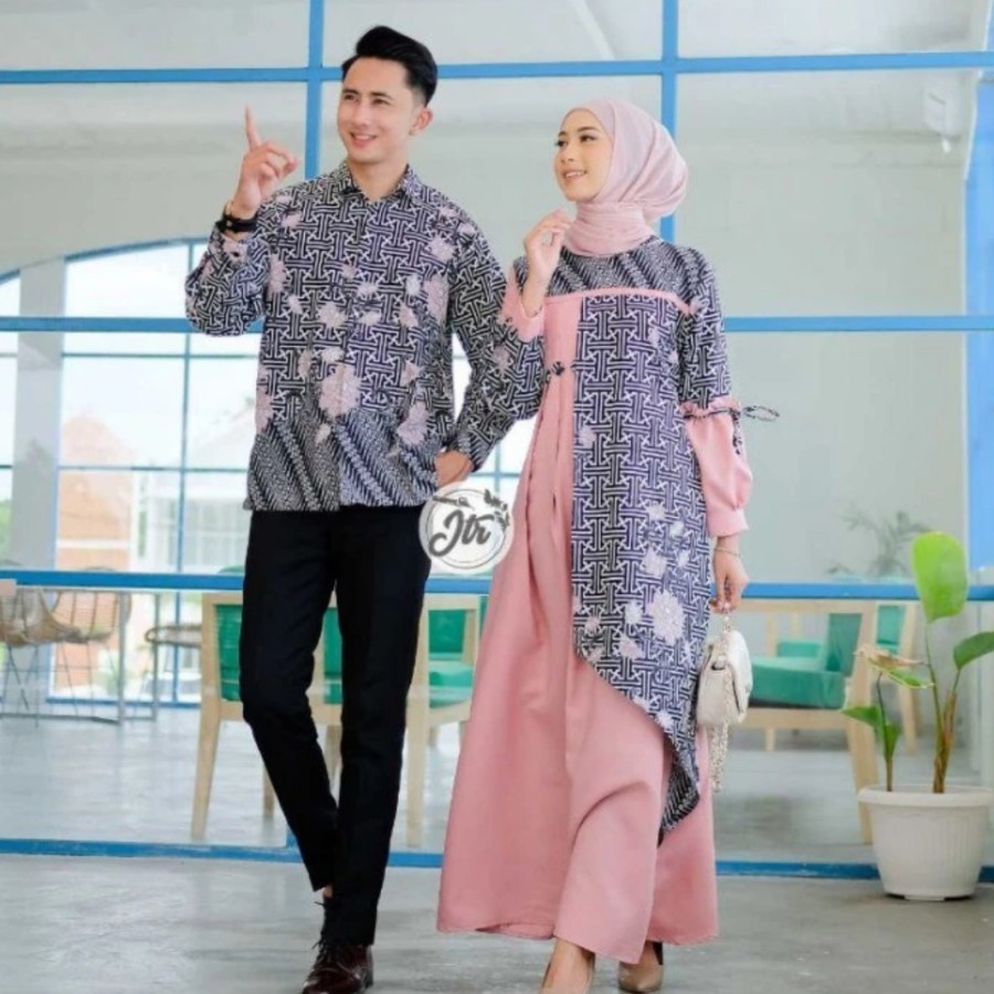 Batik Couple Kombinasi Polos Modern / Baju Gamis Wanita Muslim Terbaru - Dusty