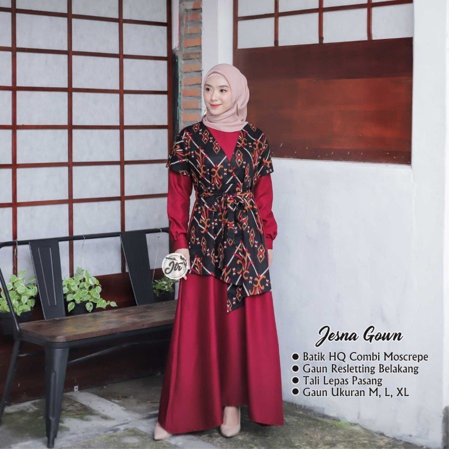 Gamis Batik Kombinasi Polos Modern Gamis Batik Wanita Muslim Terbaru - Merah