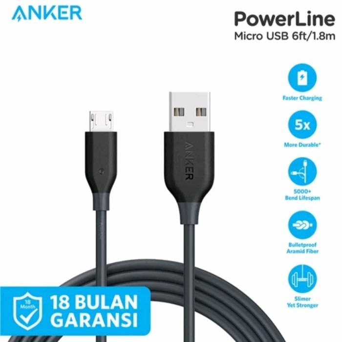 Kabel Charger Anker PowerLine 6ft/1.8m Micro USB - A8133