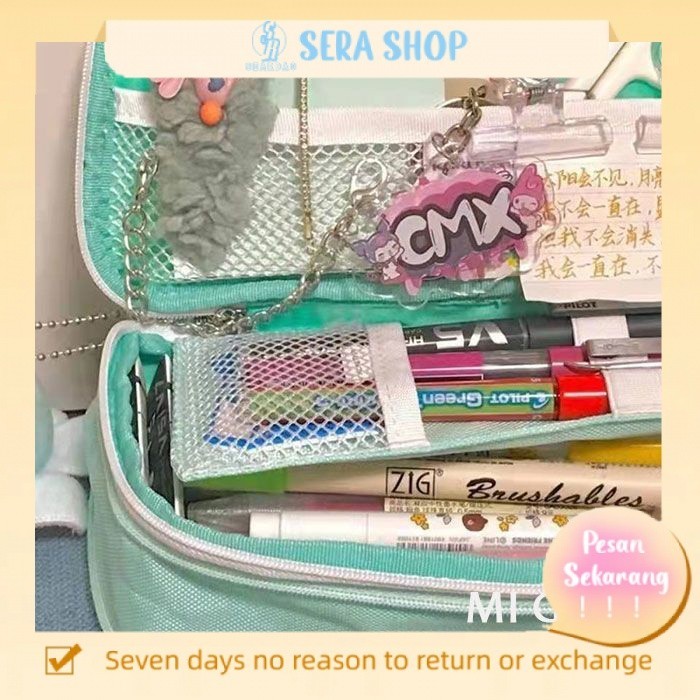

♝Sera Korea bernilai tinggi warna solid kanvas bergaris kotak-kotak kotak pensil multi-layer kapasitas besar multi-fungsi flip-top alat tulis