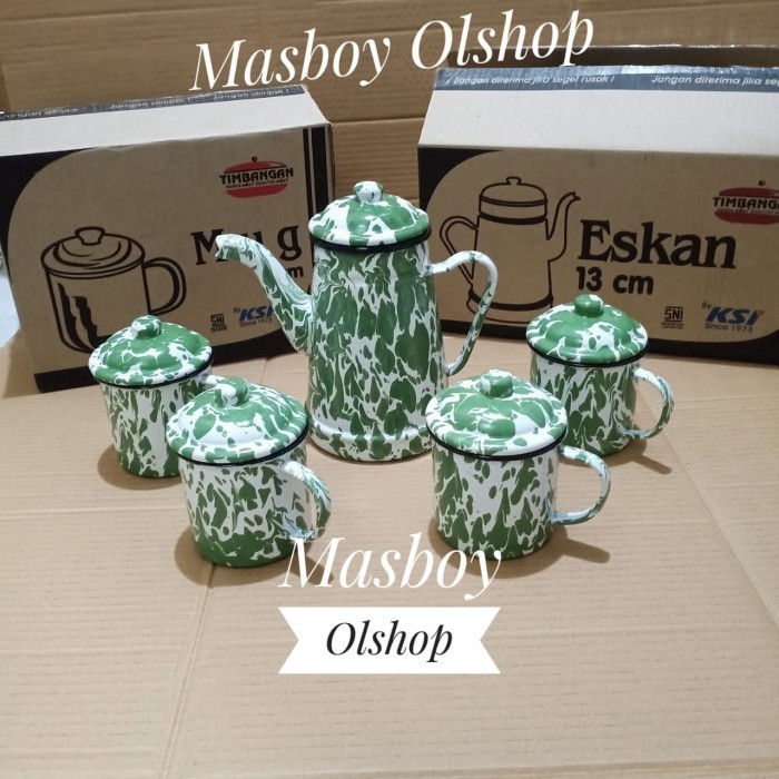 1 Set Teko Enamel Eskan Burik Blirik + Mug 9 Cm + Tutup / Jadul Antik