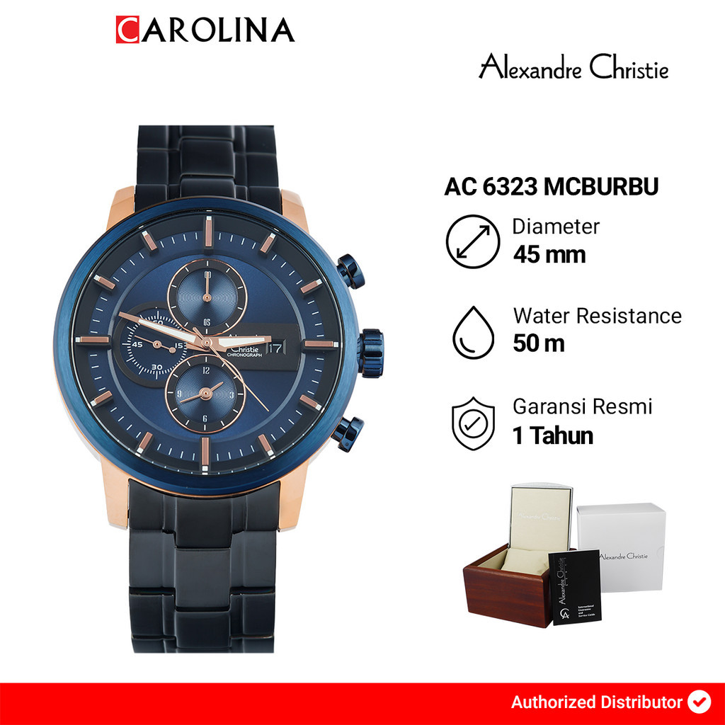 Jam Tangan Pria Alexandre Christie Chronograph AC 6323 MCBURBU Blue Dial Black Stainless Steel Strap