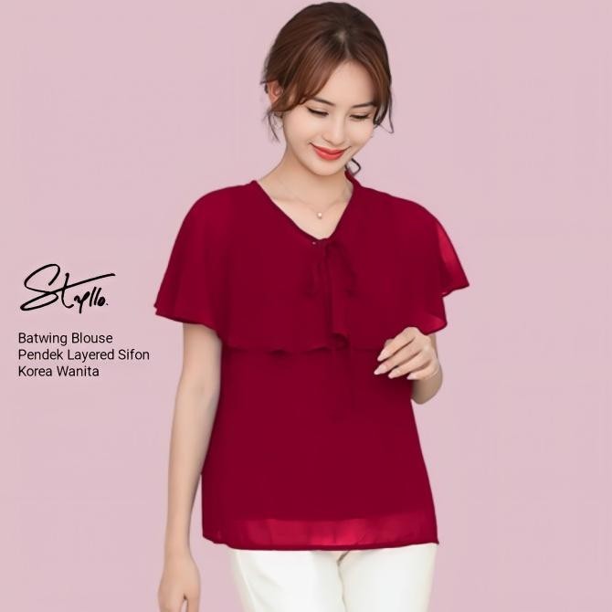 Baju Blouse Blus Wanita Lengan Pendek Sifon Korea Double Layer - Merah