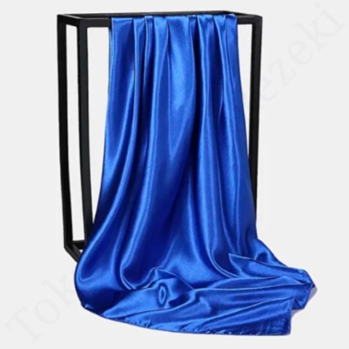 Shawl Selendang Biru Kilat Blue Satin Kain Syal Polos Scarf Silk Plain