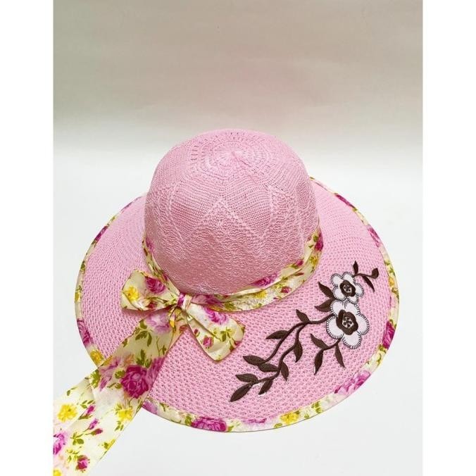 Topi Pantai Wanita Pita Bunga Import Topi Pantai Pita Lebar
