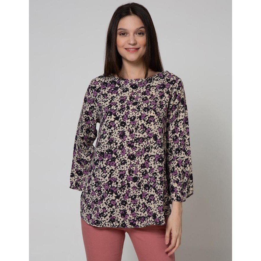 St. Yves Lengan Panjang Blouse Top Print Flower Bell Lengan 114082879 - Eggplant,S