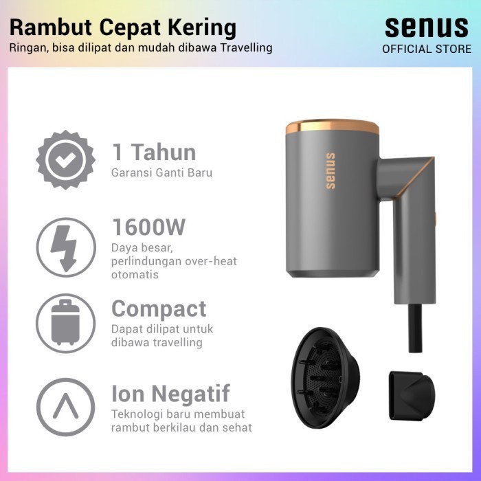 Senus Pro Travel Hair Dryer - Gering Rambut Lipat 1600 W