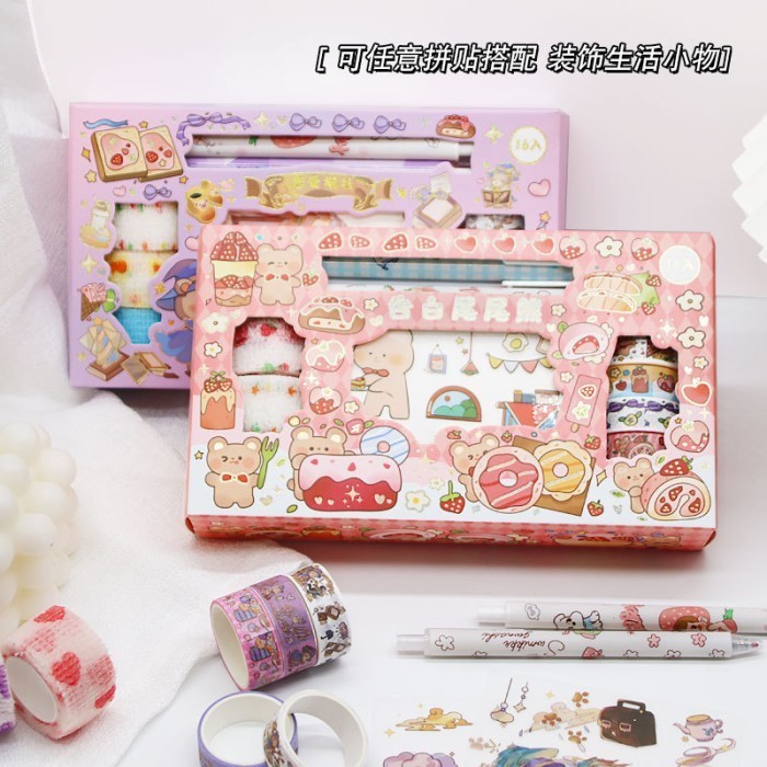 

Stiker 1 Set Box + Cutter Stiker + Pulpen Gel Gliter Washi Bear Prince