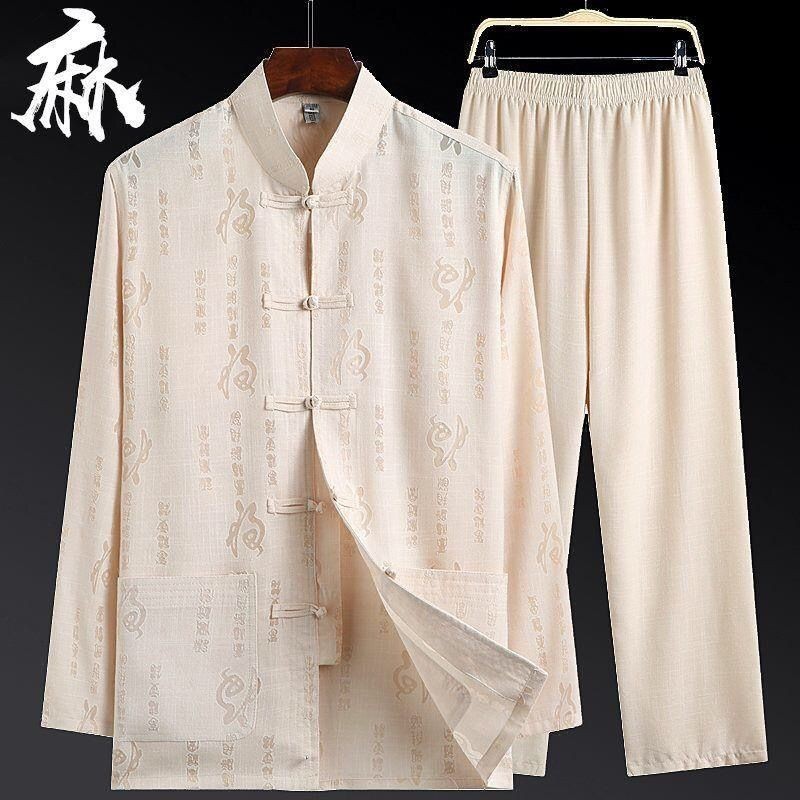 Setelan Tang Pria, Baju Gaya China Hanfu Katun Lengan Panjang dan Linen