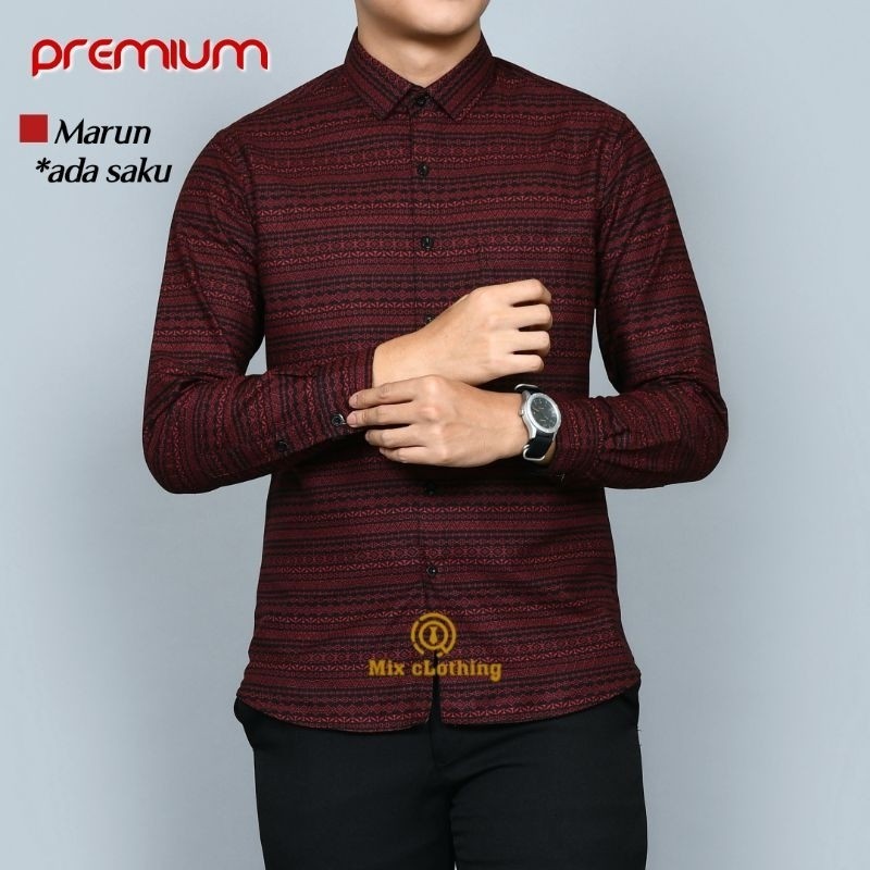 NEW Baju Kemeja Batik Pria Slimfit Lengan Panjang Merah Marun 2087