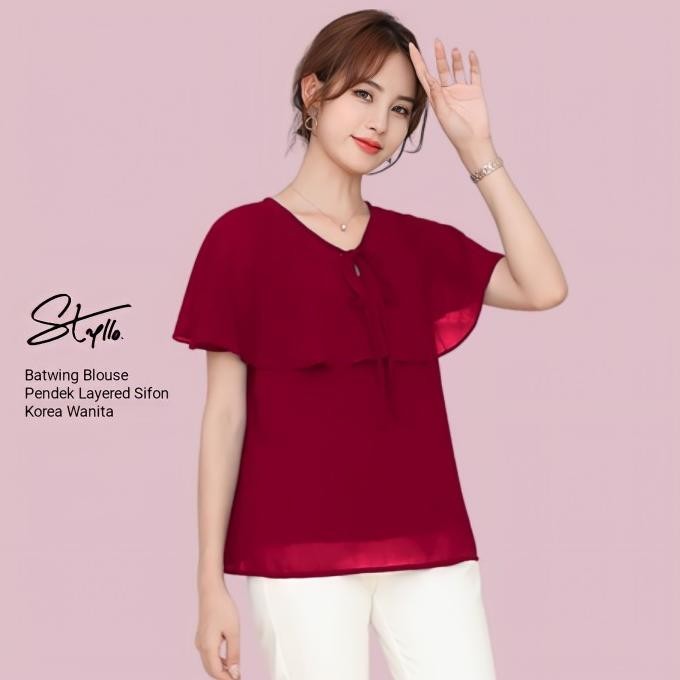 Baju Blouse Blus Wanita Lengan Pendek Sifon Korea Double Layer - Merah
