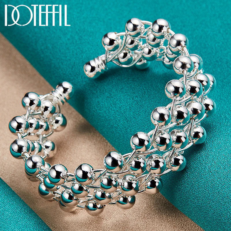 DOTEFFIL Gelang Bangle Perak Murni 925, Gelang Manik-manik untuk Wanita Pria Pernikahan Pertunangan 