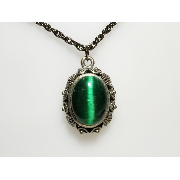 VeE Kalung Titanium Liontin Timah Batu Mata Kucing - Kalung Terapi Hitam/Hijau 45cm