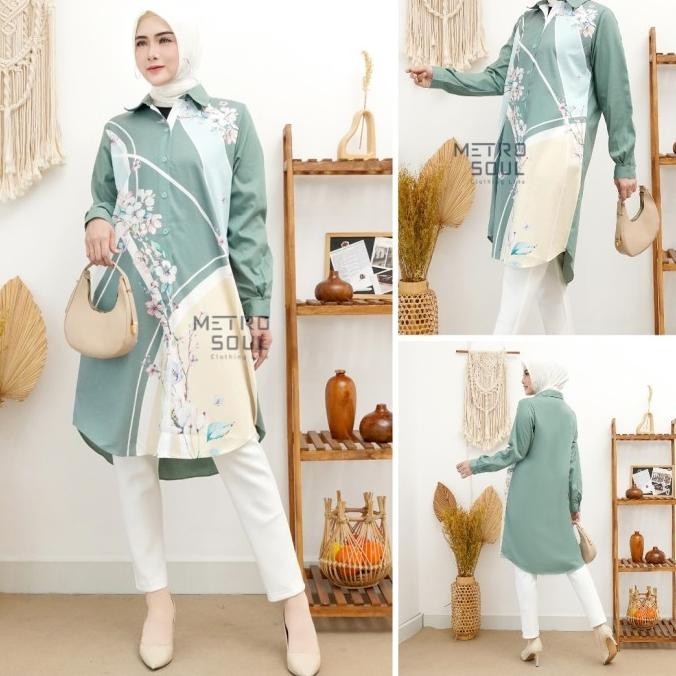 Metrosoul Tunik Sakura Kemeja Pink Hijau Sage Print Bunga Katun Impor