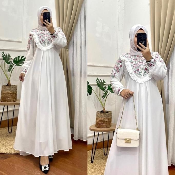 Gamis Ceruti Warna Navy /Gamis Dongker /Baju Gamis Ceruty Bordir Putih