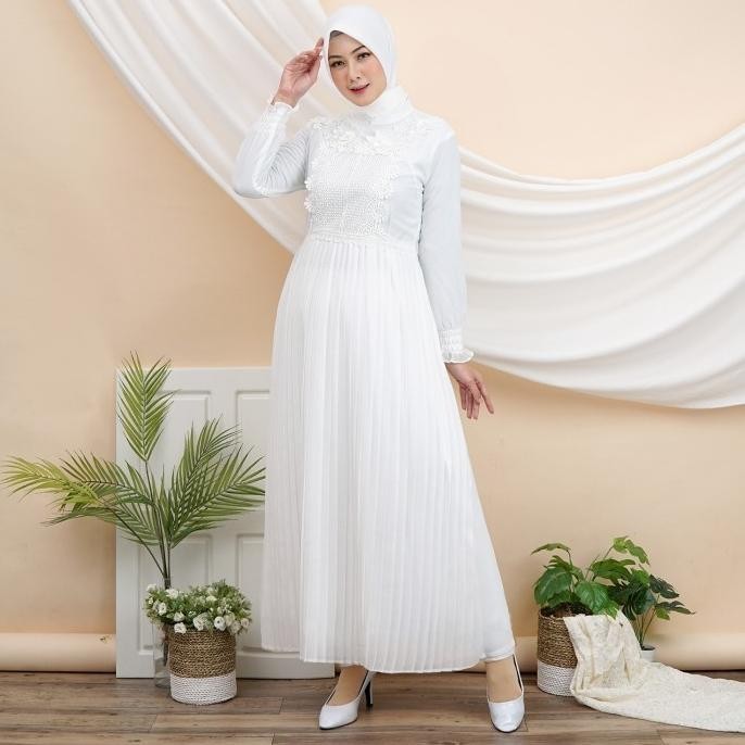 Gamis Putih Muslim Wanita Dress Brukat Lebaran Haji Umroh Manasik 920