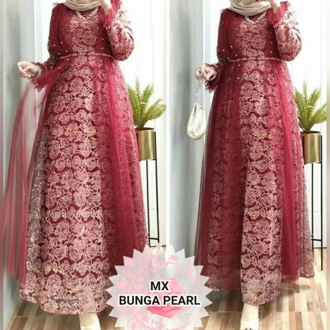 Maxy Bunga Pearl Gamis Brukat Tulang Glitter Kombi Tile Gamis Mewah Ba