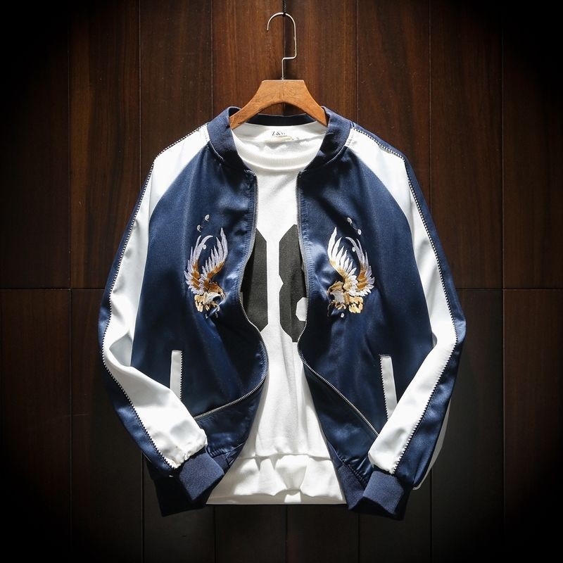 Embroidered Eagle Yokosuka Satin Baseball Uniform Korean Style Jacket for Men