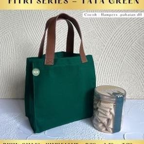 

TATA BAG CANVAS HIJAU HANDLE KULIT 20 x 10 x 20 goodie bag hampers